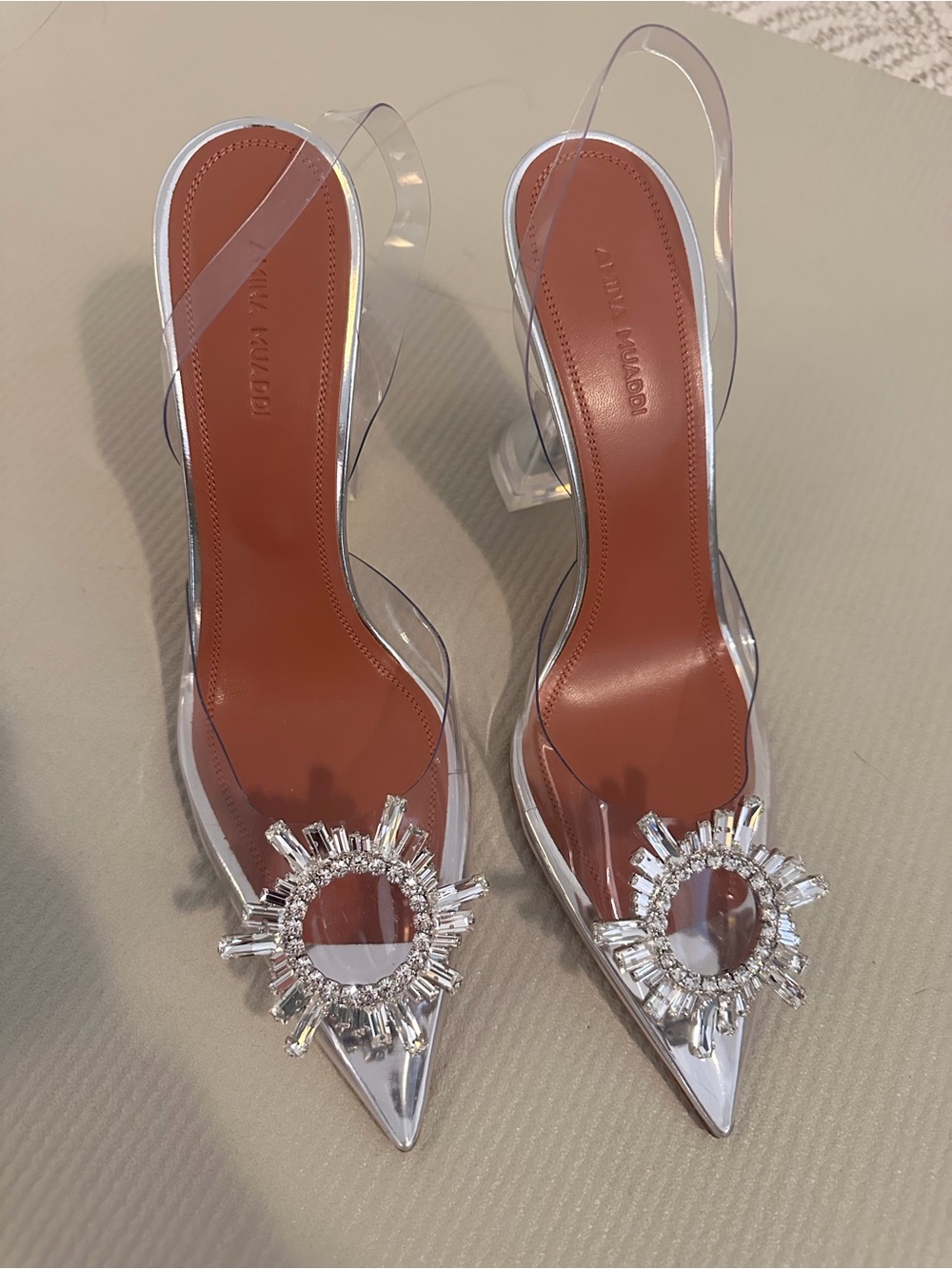 Amina Muaddi Clear-Strap Pointed Pumps with Coral Soles